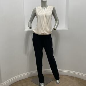 DREW Sleeveless Surplice Neckline Silk Polyester White Black Size S